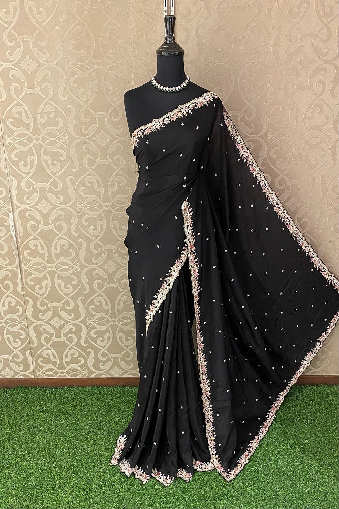 Black Organza Silk Embroidery Party Wear Saree With Blouse Piece
