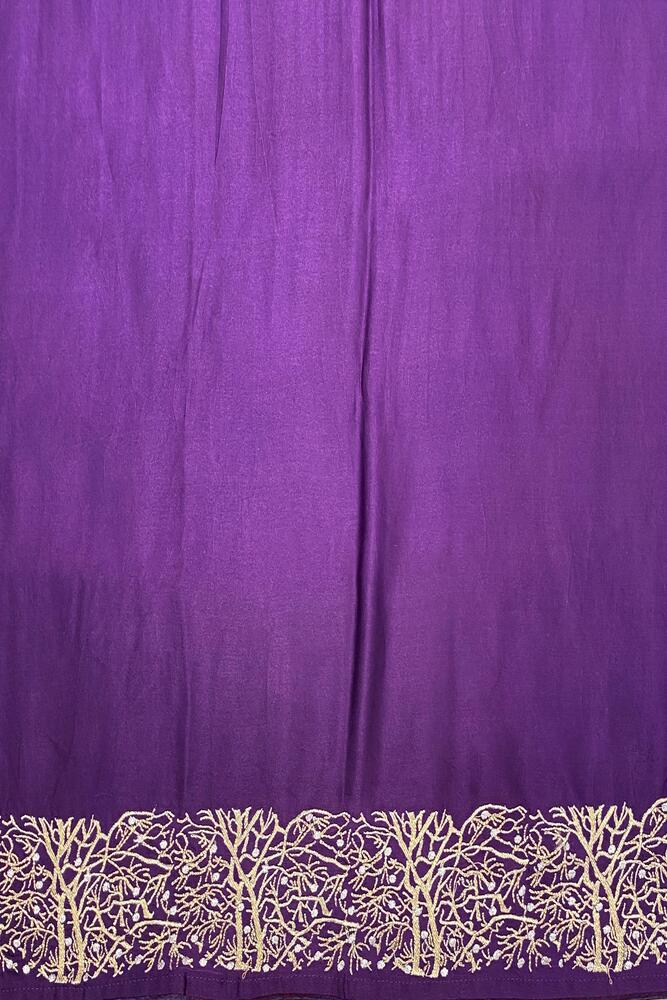 Purple Organza Printed Saree With Pita Zari Work, With Unstiched Blouse