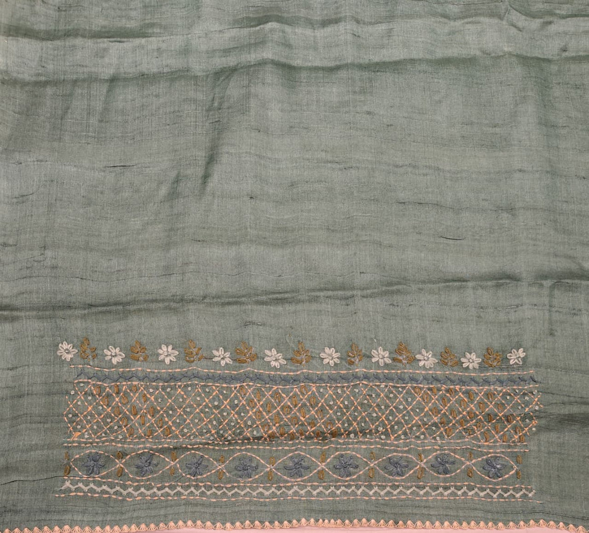 Sea Green Tussar Hand Embroidery Saree, With Unstitched Blouse