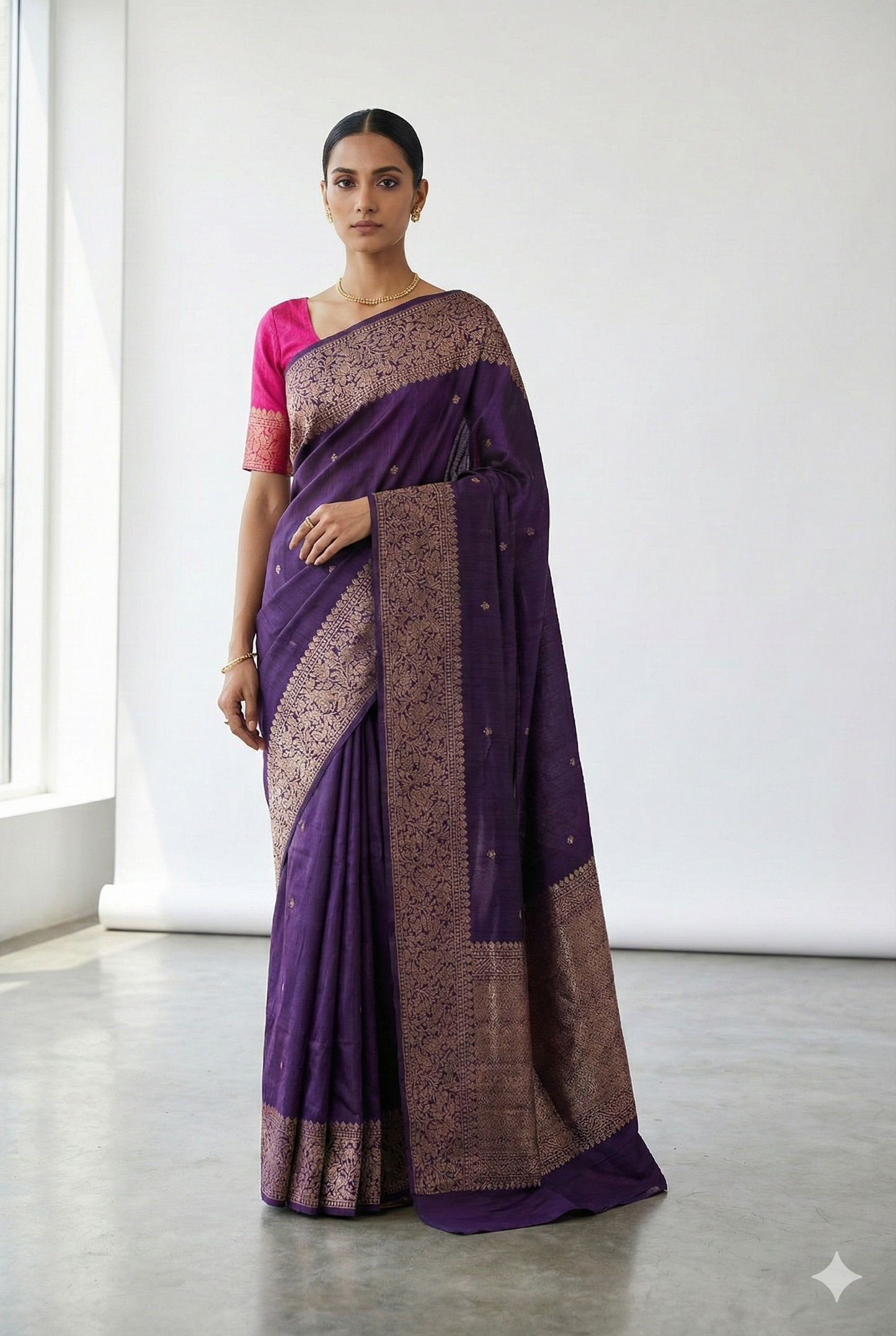 Deep Purple Pure Raw Tussar Banarasi Silk Saree, Hand Woven Motifs With Unstiched Blouse