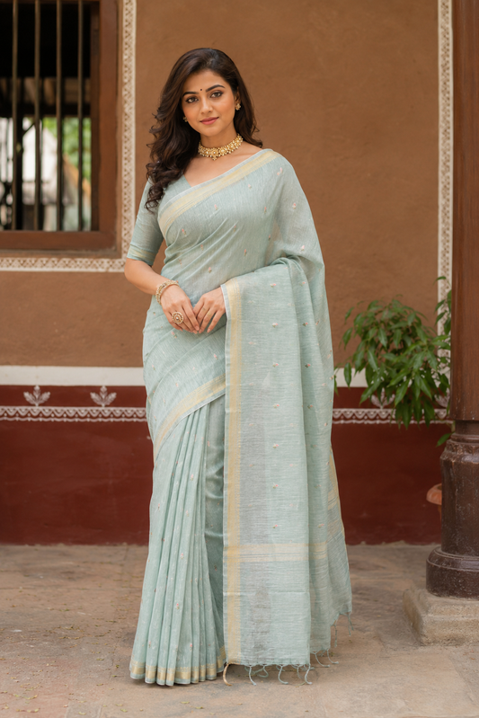Firozi Blue Pure Linen Kashmiri Work Saree With Unstiched Blouse