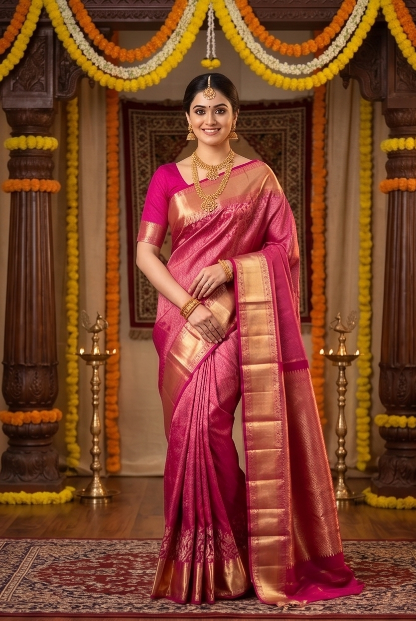 Magenta Kanjeevaram silk saree with traditional gold zari work and matching unstiched blouse from Saarang Sarees.