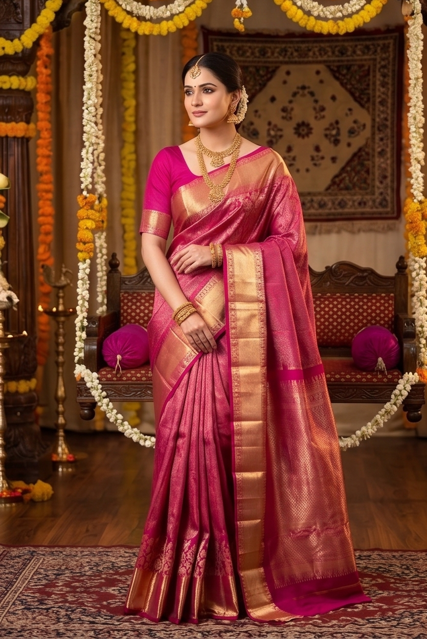 Magenta Pure Kanjeevaram silk saree with intricate gold zari work and matching unstiched blouse, traditional South Indian attire.