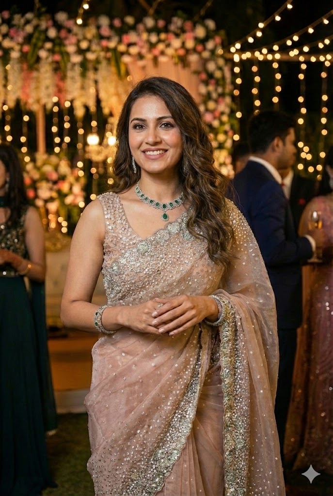 Peach Organza Silk Saree With Sequence Work, With Unstiched Blouse