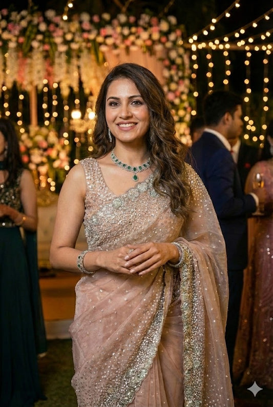 Peach Organza Silk Saree With Sequence Work, With Unstiched Blouse