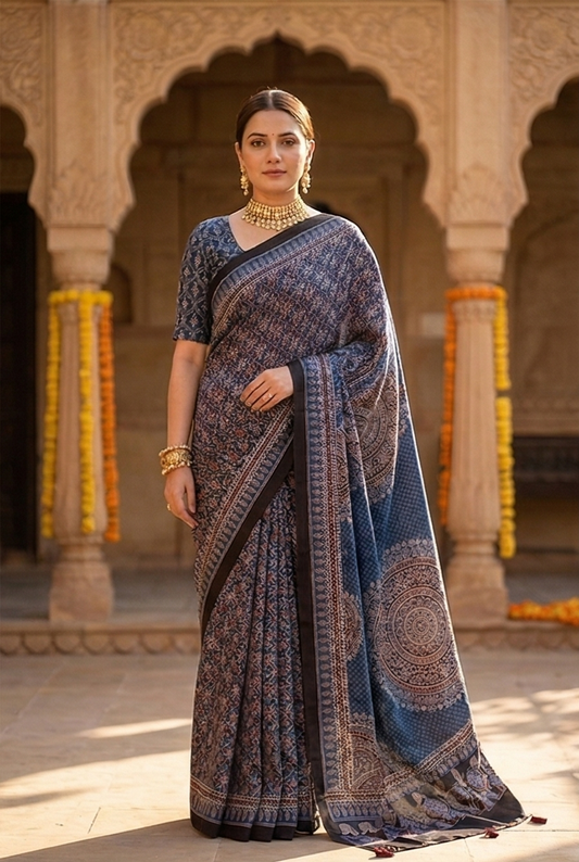 Blue Pure Modal Silk Ajrakh Printed Saree With Unstiched Blouse