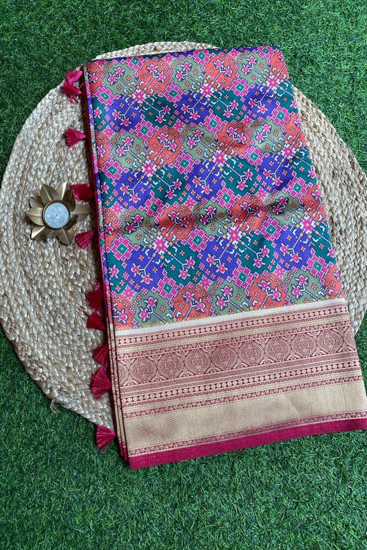 Multi Budget Friendly Katan Patola Saree, With Unstiched Blouse