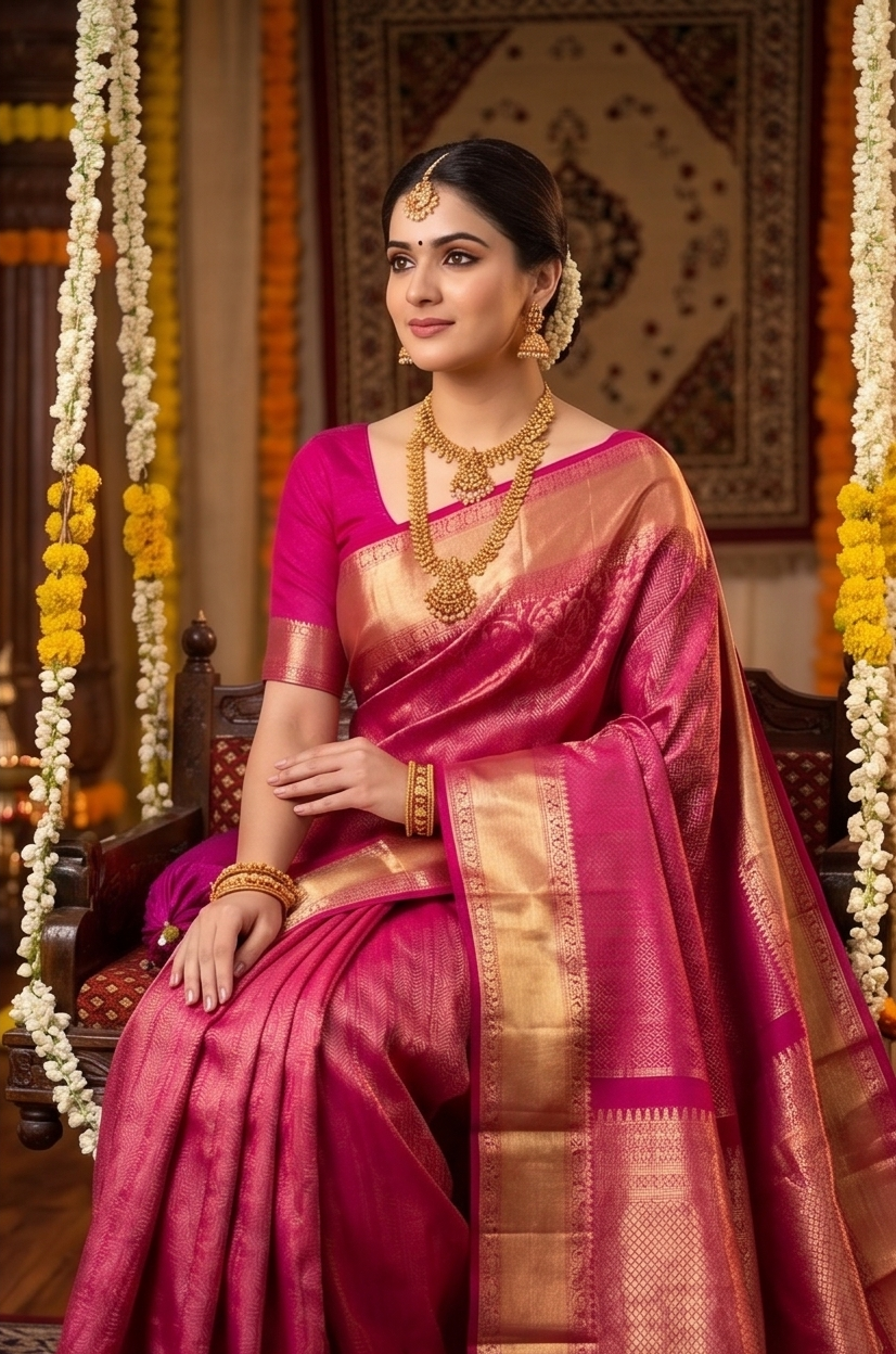 Magenta Pure Kanjeevaram silk saree from Saarang Sarees with intricate traditional patterns and an unstiched matching blouse.