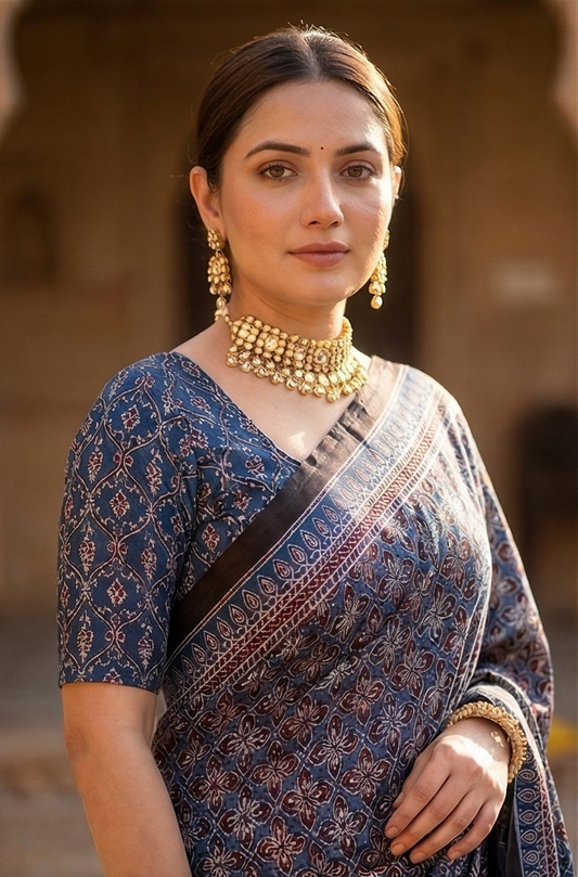 Blue Pure Modal Silk Ajrakh Printed Saree With Unstiched Blouse