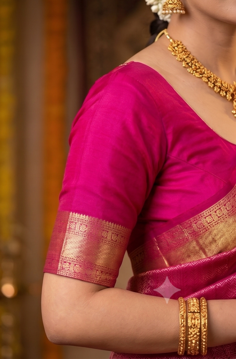 Magenta Pure Kanjeevaram Silk Saree by Saarang Sarees with unstiched blouse, showcasing rich traditional Indian craftsmanship and intricate design.