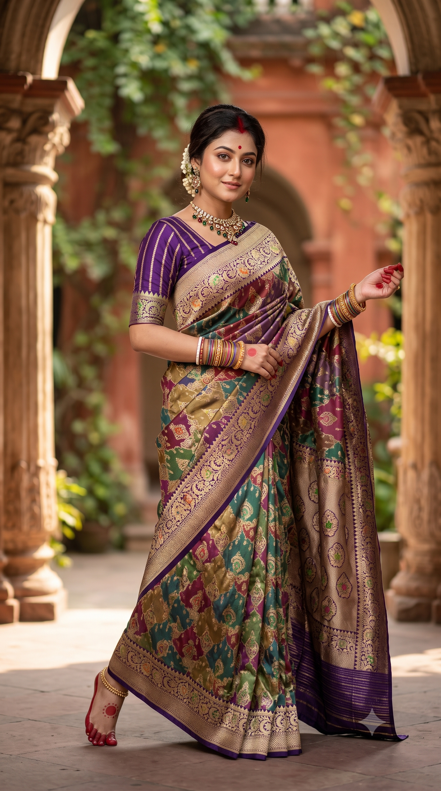 Multi Kadiyal Banarasi Rangkat Design Saree, With Unstiched Blouse