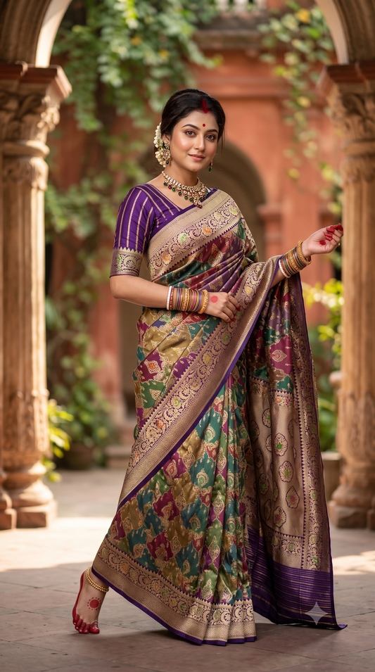Multi Kadiyal Banarasi Rangkat Design Saree, With Unstiched Blouse
