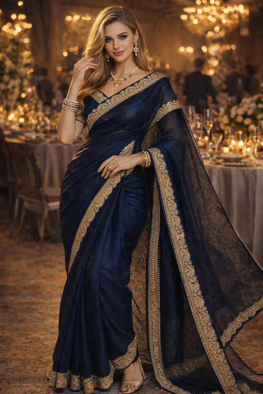 Navy Blue Colour Organza Silk Saree With Zari Border
