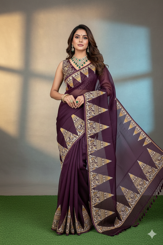 Deep Purple Organza Printed Saree With Pita Zari Border, With Unstiched Blouse