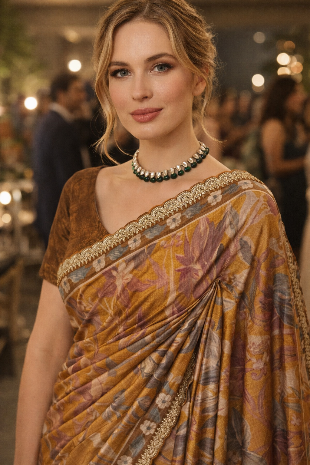 Mustard Yellow Tussar Silk Printed Saree With Embroidery Border, With Unstiched Blouse