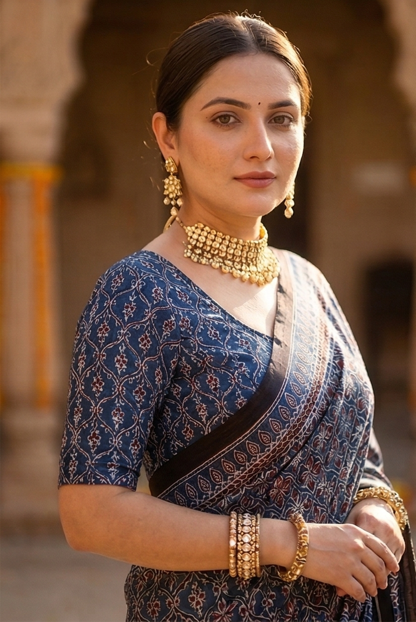 Blue Pure Modal Silk Ajrakh Printed Saree With Unstiched Blouse