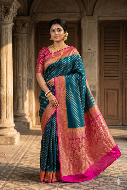 Deep green crepe Khaddi Banarasi silk saree with intricate gold zari work and matching unstiched blouse, traditional wear by Saarang Sarees.
