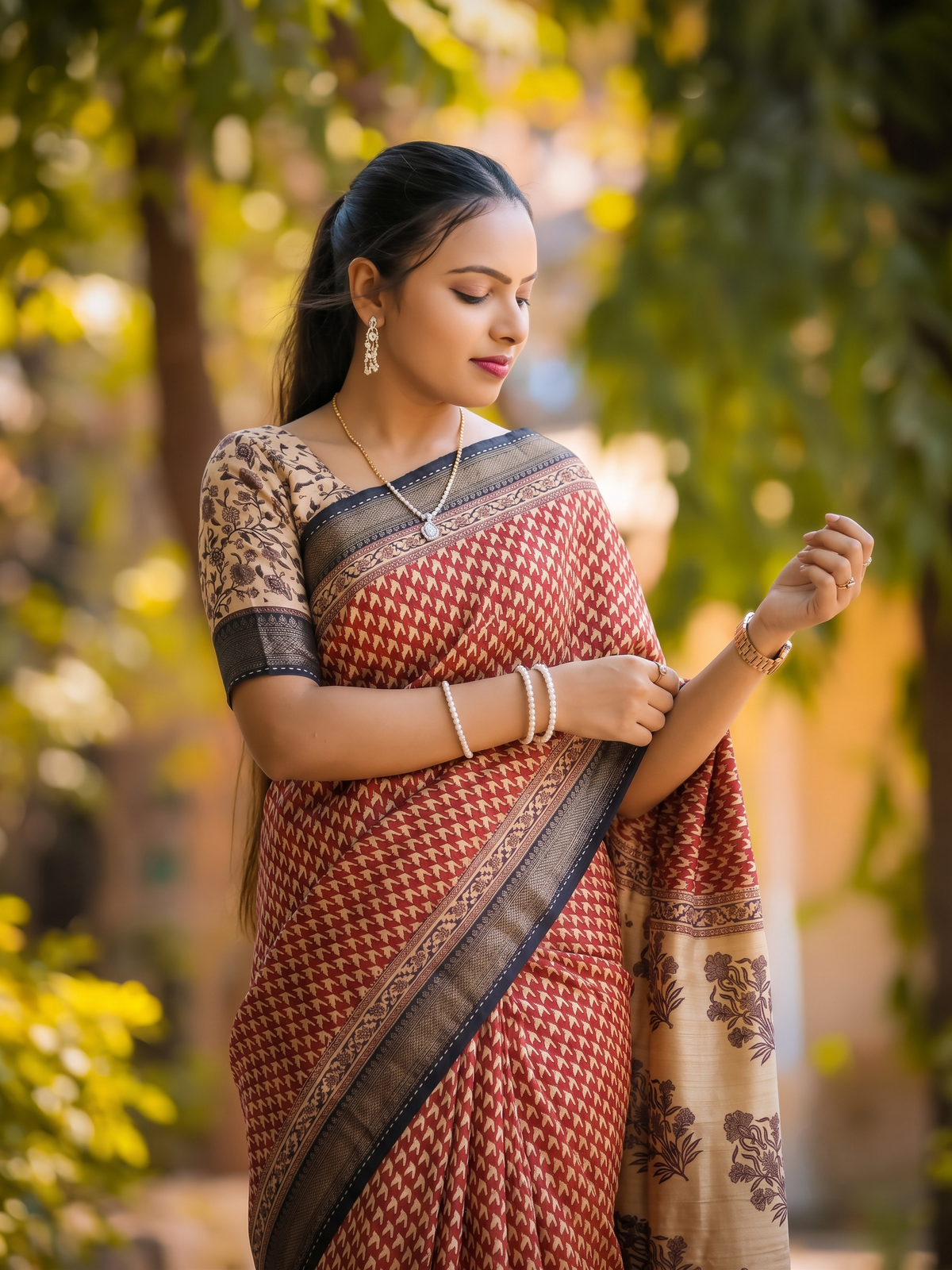 Maroon Munga Silk Printed Saree With Kantha Work, With Unstich Blouse