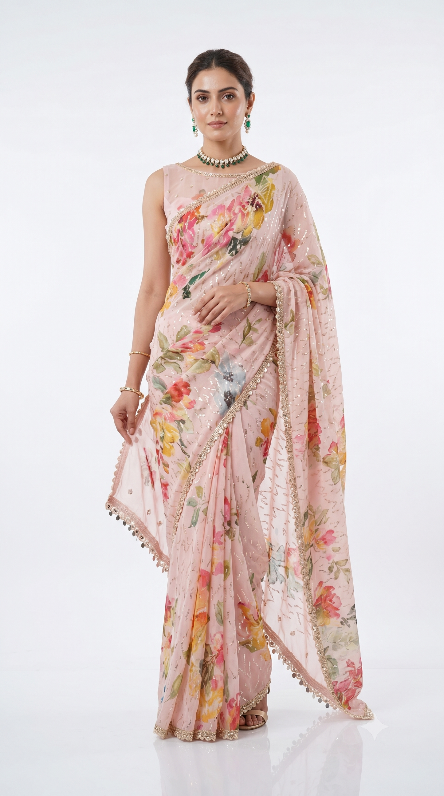 Baby Pink Printed Georgette Sequin Saree, With Unstiched Blouse