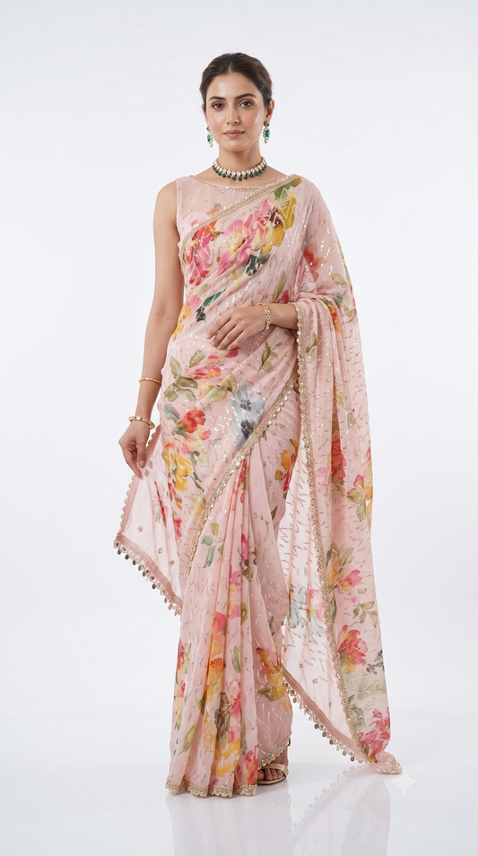 Baby Pink Printed Georgette Sequin Saree, With Unstiched Blouse