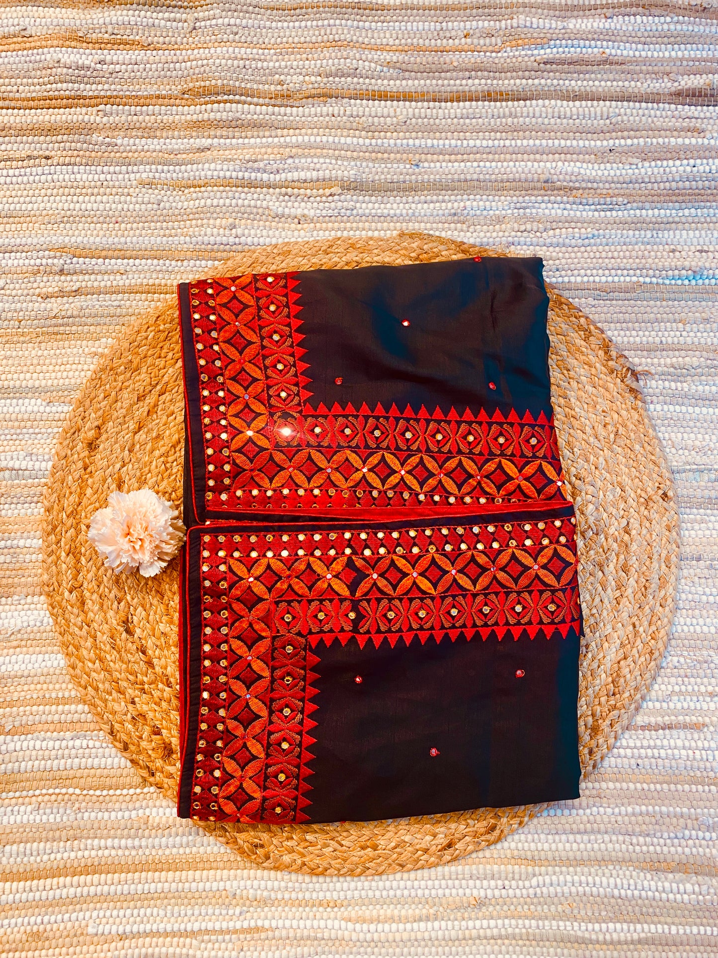 Black Semi Munga Silk Cross Stitch Embroidery Work Saree, With Unstiched Blouse