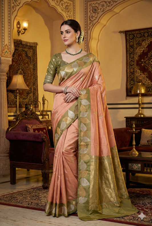 Peach Katan Banarasi Saree Hand Woven Work, With Unstiched Blouse