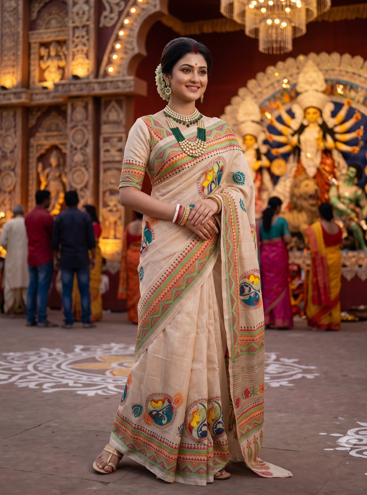 Beige Tussar Embroidery Saree With Kantha Work Border, With Unstitched Blouse