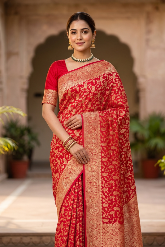 Red Georgette Khaddi Embroidery Saree, With Unstiched Blouse