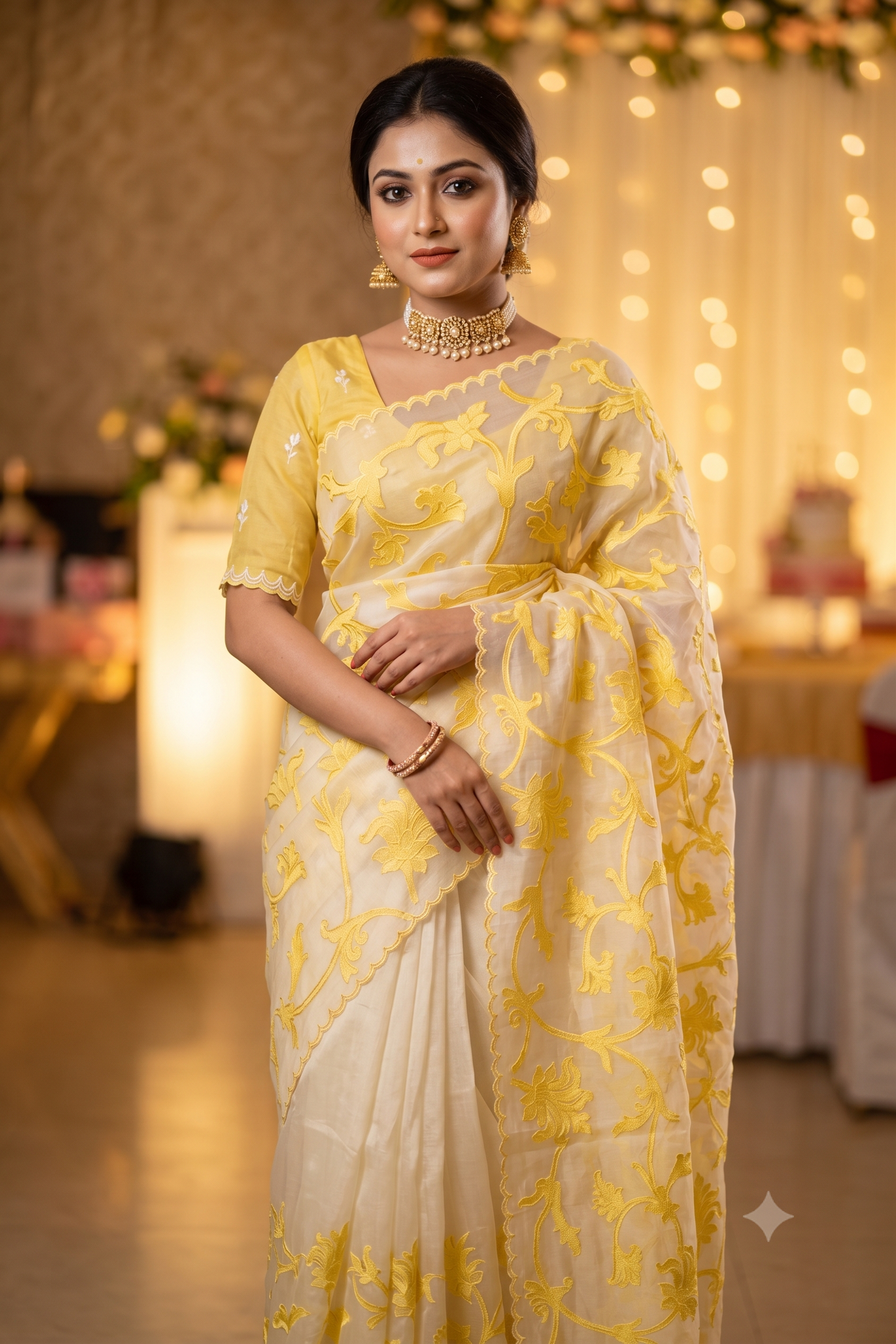 Off-White & Yellow Organza Saree With Appliqué Work, With One Unstitched Blouse