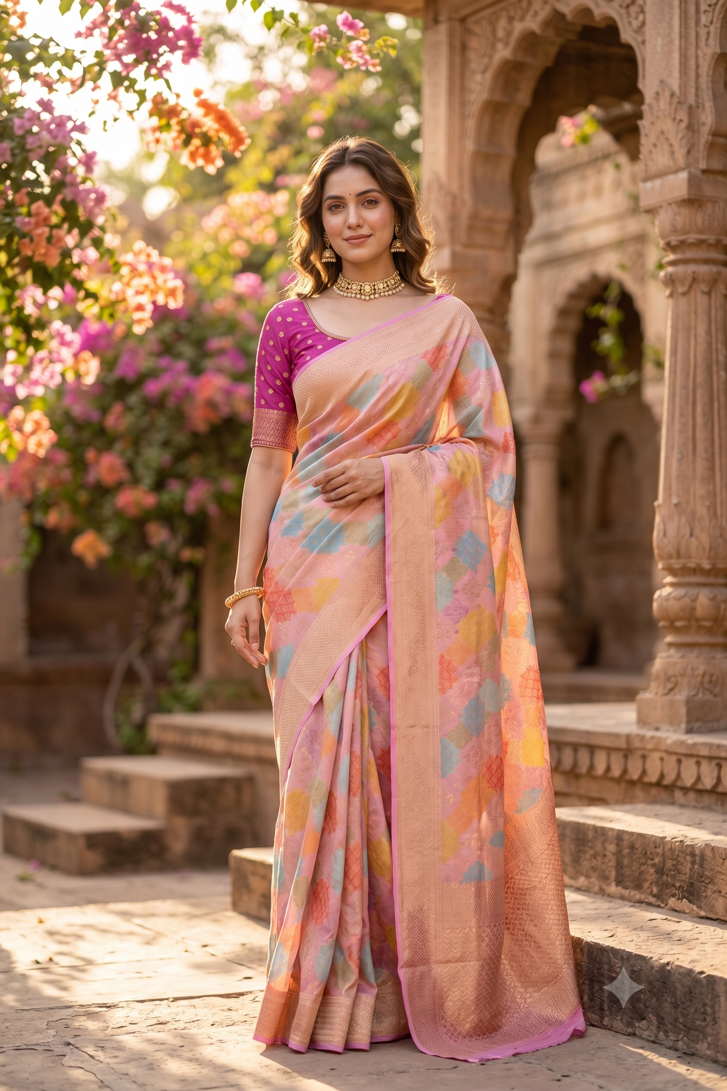Multi & Pink Georgette Saree With Rangcut Work, With Unstiched Blouse