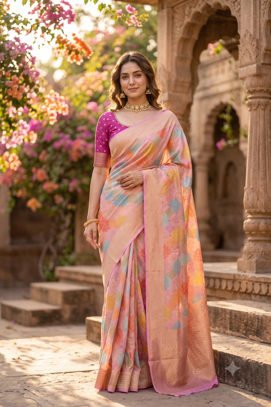Multi & Pink Georgette Saree With Rangcut Work, With Unstiched Blouse