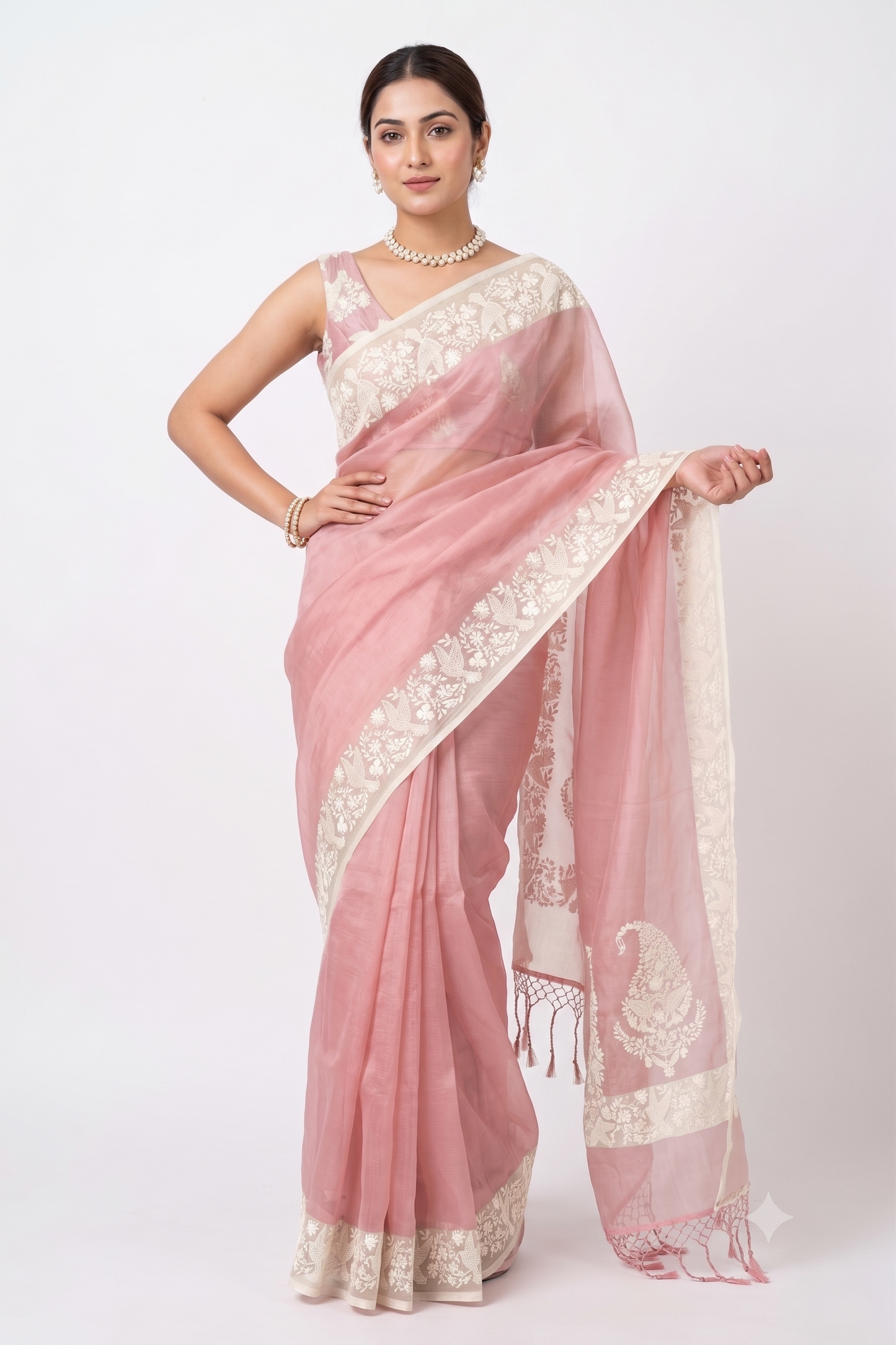 Pink Organza Silk Resham Embroidery Saree, With Unstiched Blouse