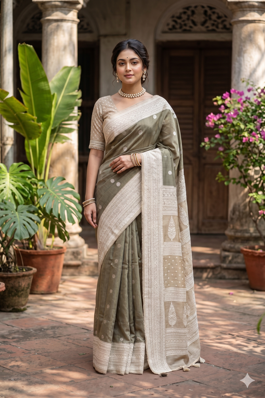 Grey Munga Handloom Saree With Chikankari Work, With Unstiched Blouse
