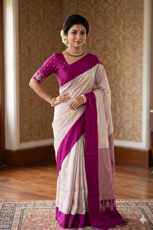 Lavender and purple Munga Banarasi silk saree by Saarang Sarees with intricate gold zari work and matching unstiched blouse.