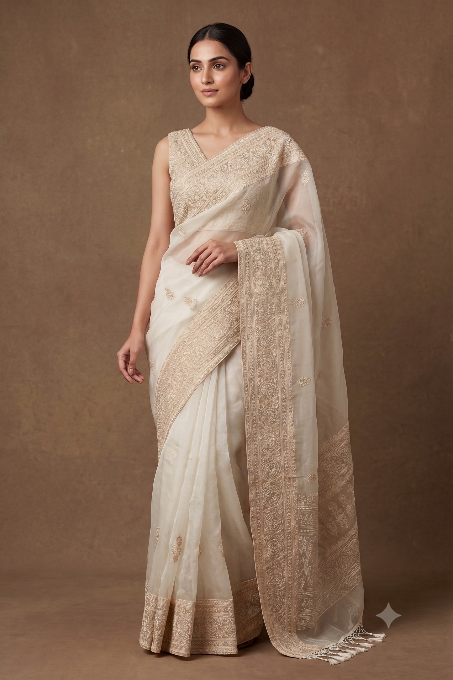 Off-White Organza Saree With Applique Work, With Unstiched Blouse