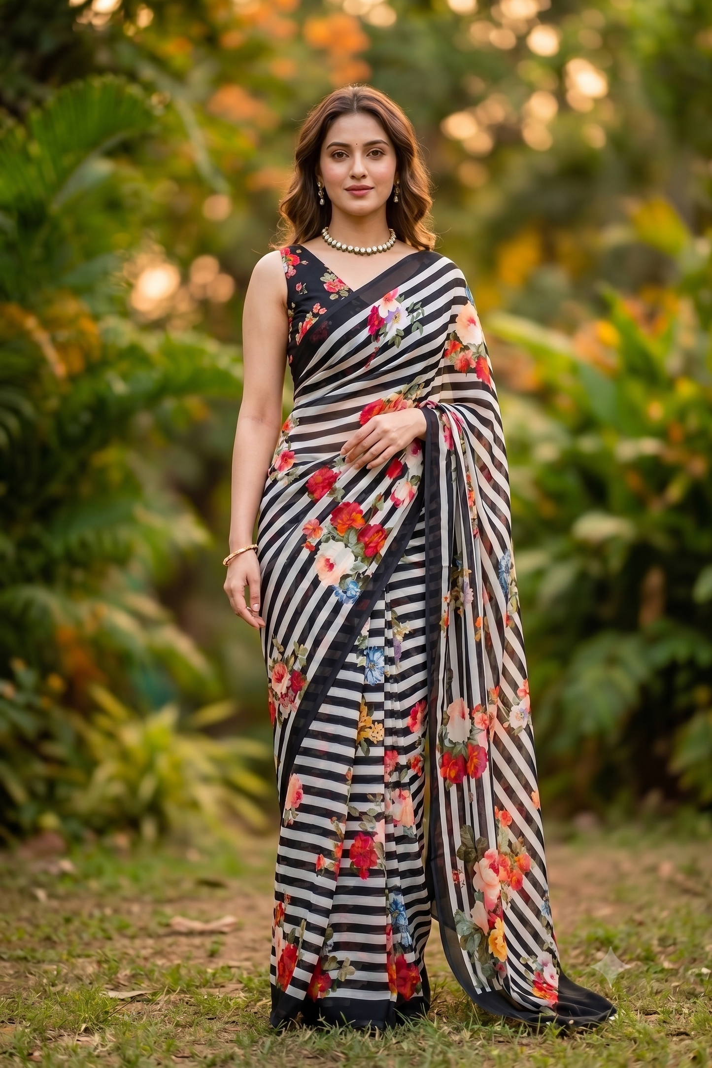 Zebra Floral Printed Chiffon Saree, With Unstiched Blouse Piece