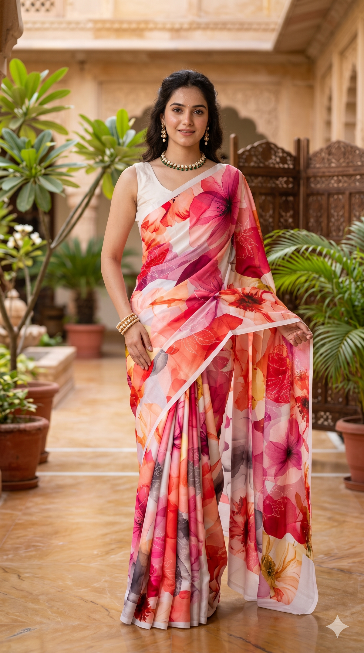 White and multi-floral printed satin crepe saree with unstiched blouse for party wear by Saarang Sarees.