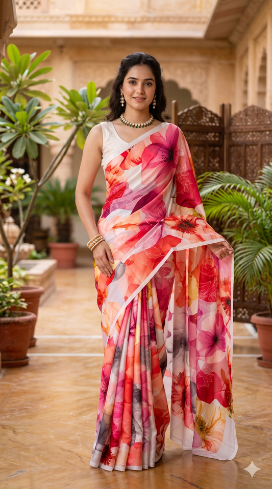 White and multi-floral printed satin crepe saree with unstiched blouse for party wear by Saarang Sarees.