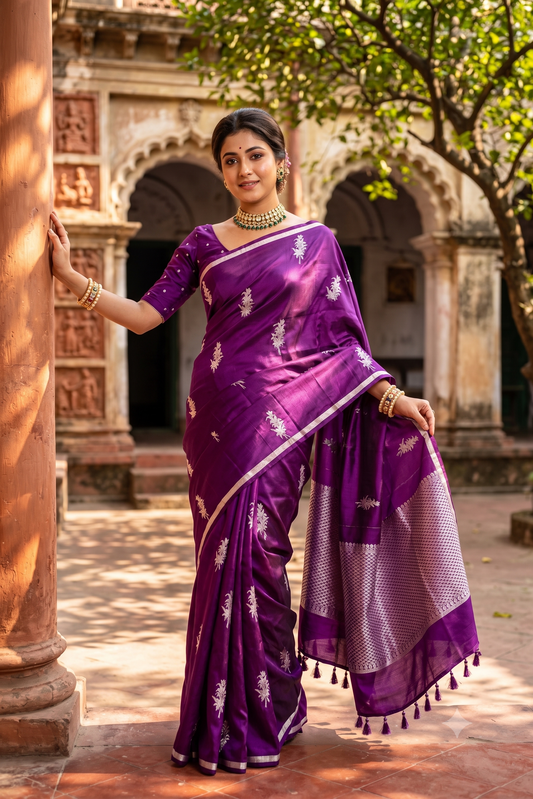 Deep Purple Mashru Silk Banarasi Handloom Saree, With Unstiched Blouse