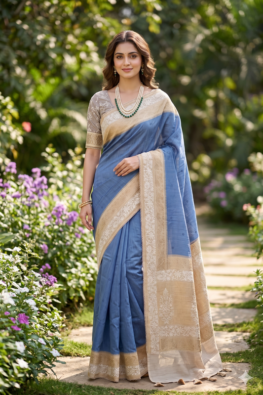 Blue Pure Munga Banarasi silk saree with hand-woven motifs and matching unstitched blouse, traditional wear by Saarang Sarees.