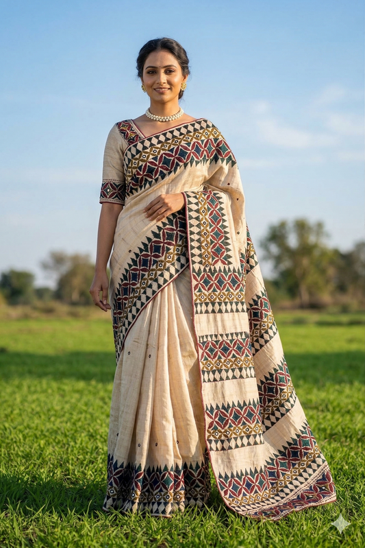 Beige Tussar Gujarati work saree with intricate embroidery and matching unstiched blouse, traditional wear by Saarang Sarees.