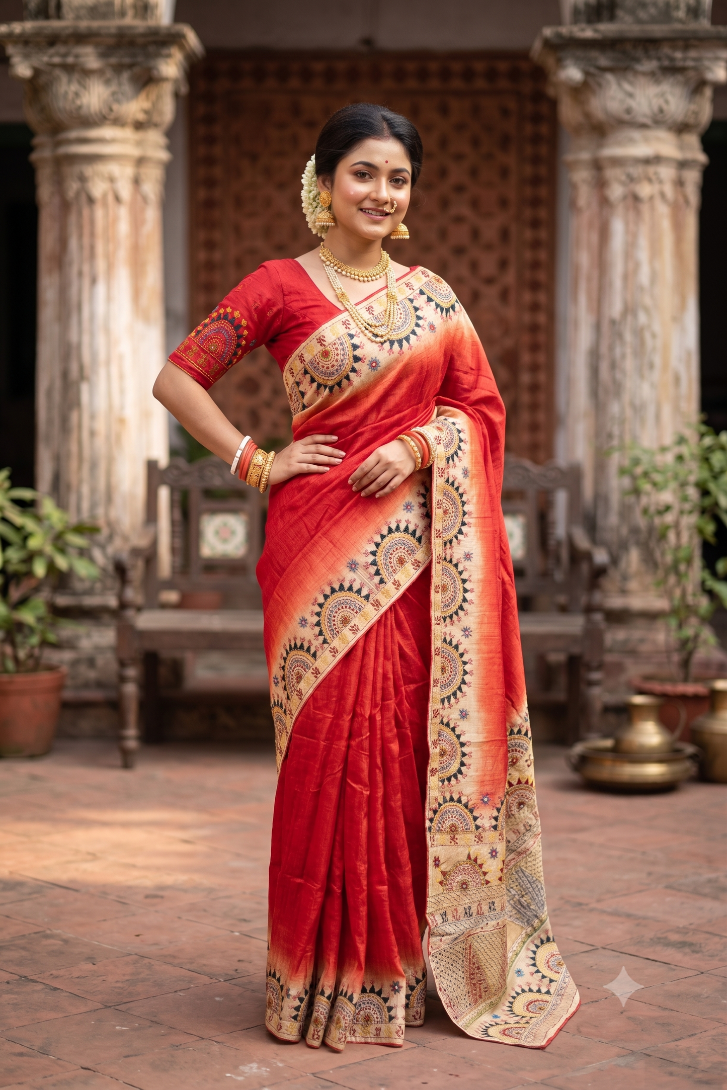 Red Tussar Hand Embroidery Work Saree, With Unstitched Blouse