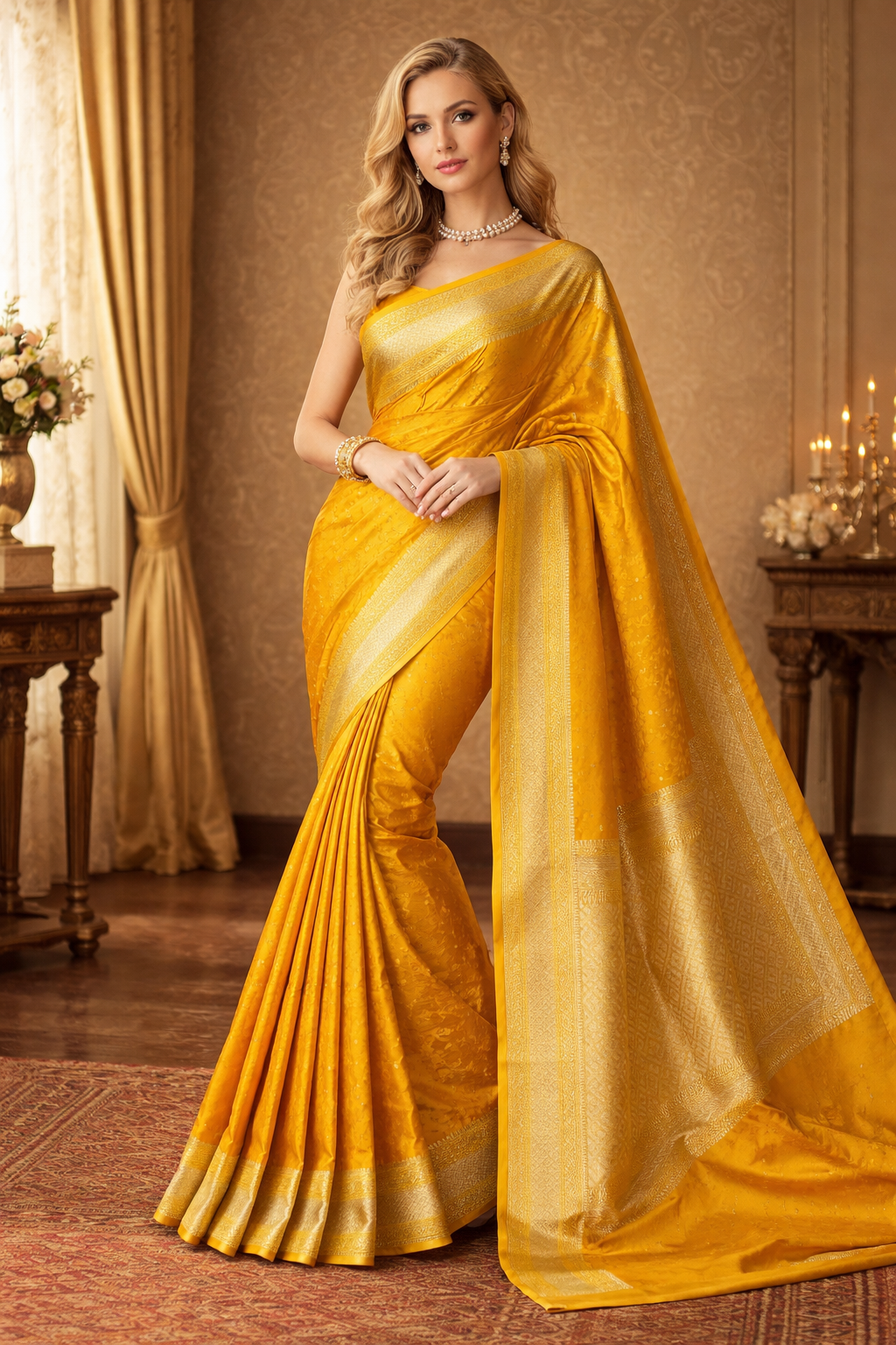 Mustard Yellow Tanchoi Silk Saree Self Weaving With Unstiched Blouse