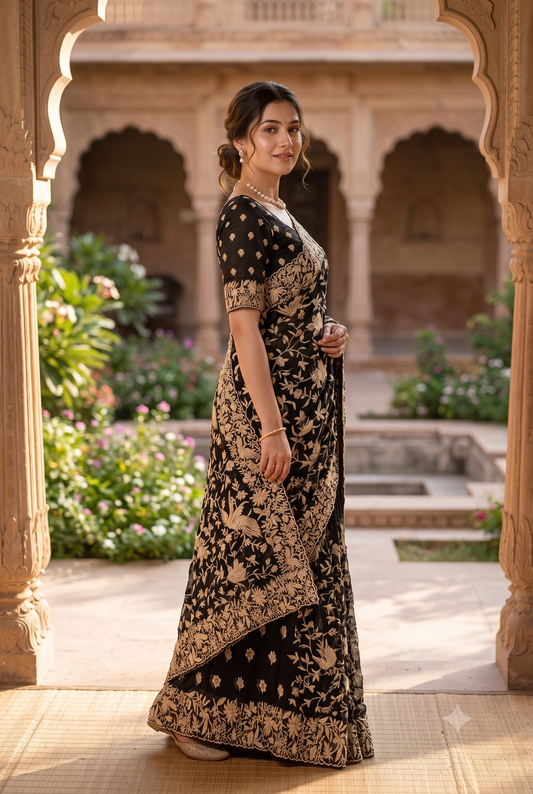 Black Georgette Saree With Parsi Work, With Unstiched Blouse