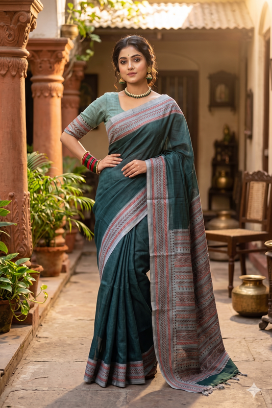 Dark Teal Blue Tussar Embroidery Saree With Kantha Work Border, With Unstitched Blouse