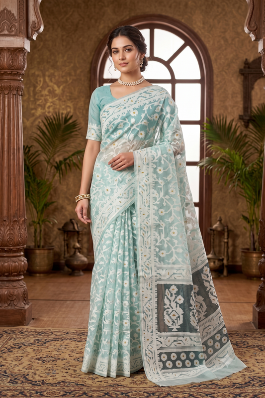 Light Blue Muslin Jamdani Saree, With Unstiched Blouse