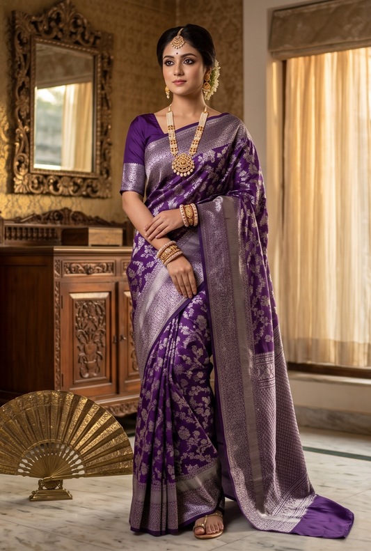 Deep Purple Pure Kanjeevaram Silk Saree, With Unstiched Blouse