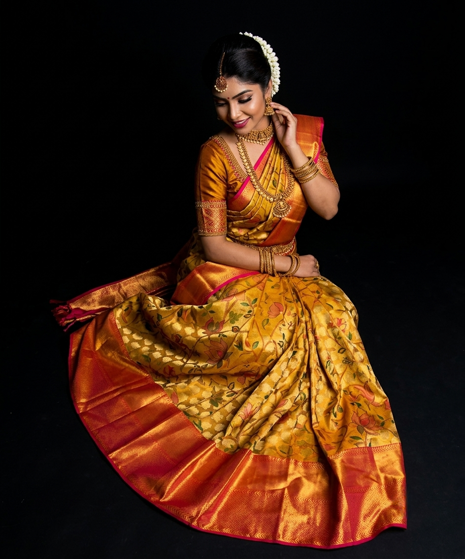 Golden Pure Kanjeevaram Silk Saree, With Unstiched Blouse