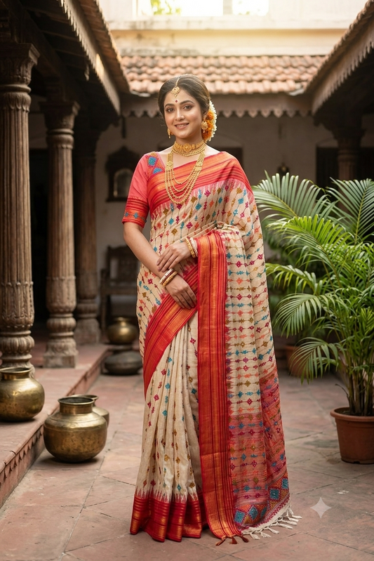 Beige & Multi Vidarbha Tussar Silk With Kutch Work Saree, With Unstitched Blouse