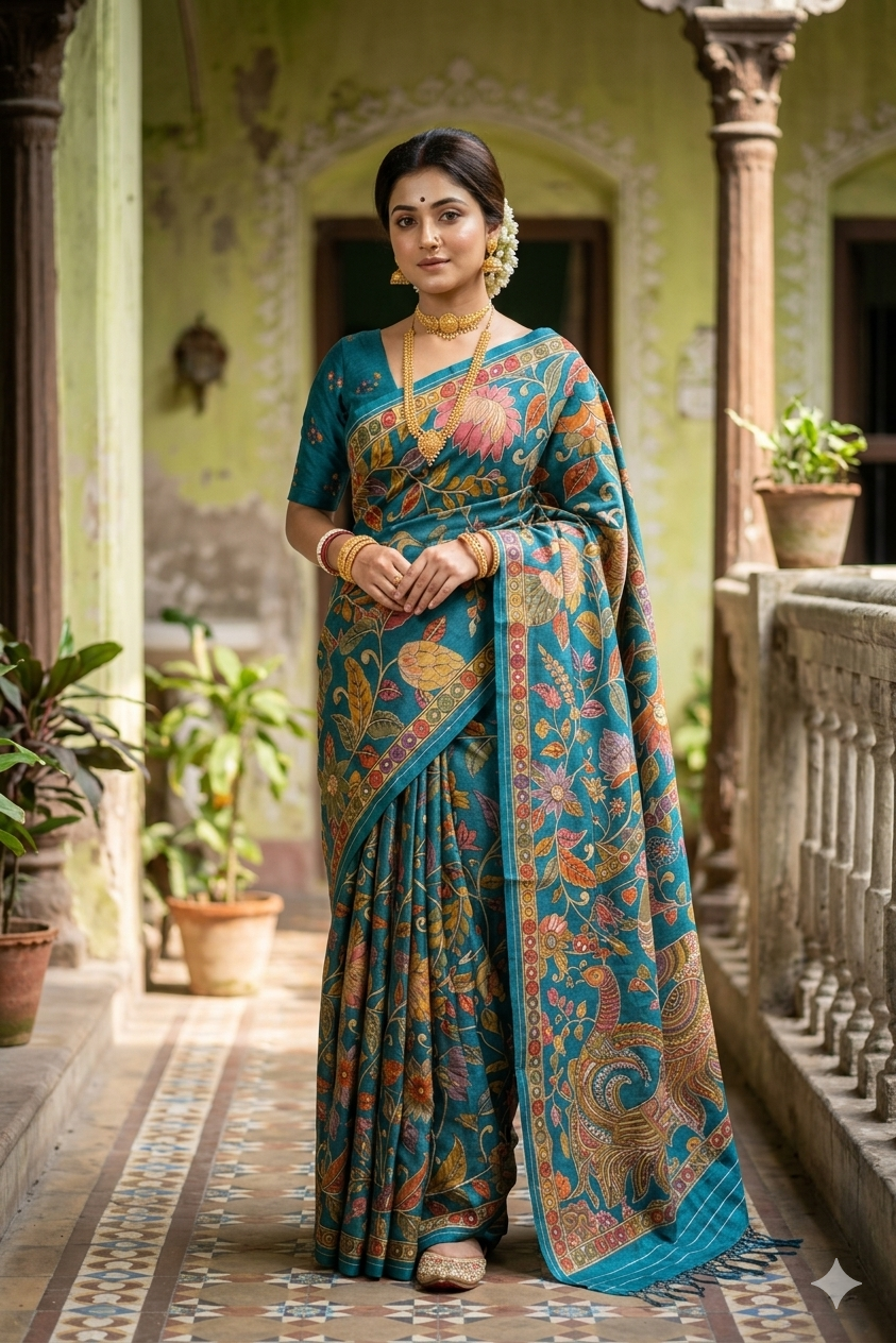 Multi & Blue Tussar Kalamkari Aari Work Saree, With Unstiched Blouse